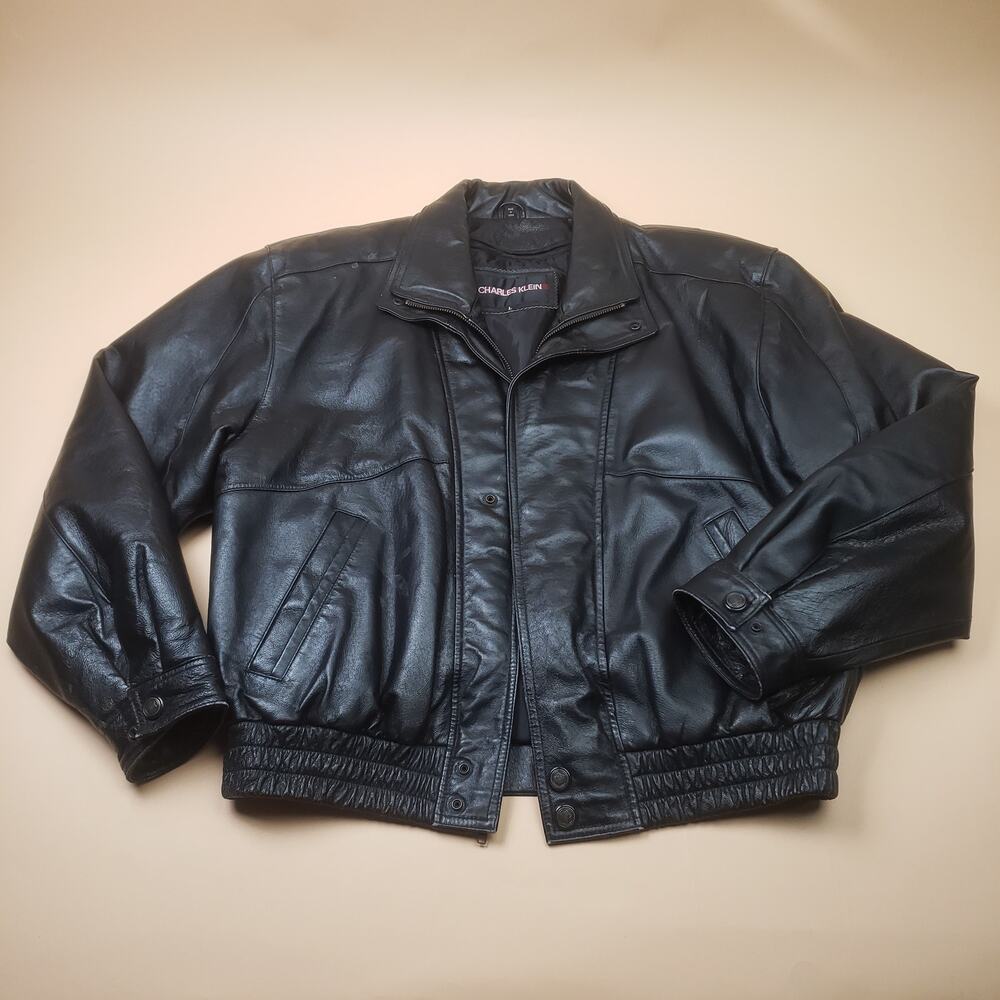 Charles Klein Leather Bomber Jacket XL Double Collar Mens Black Full Zip Biker